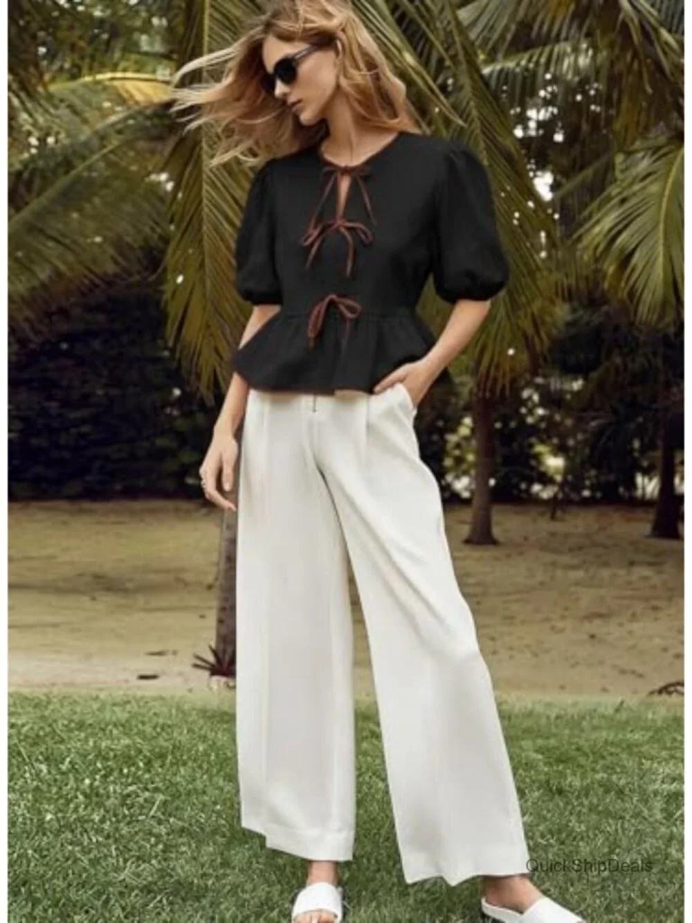 Bowknot Puff Short Sleeve Peplum Blouse Dressy Casual Flowy Top
